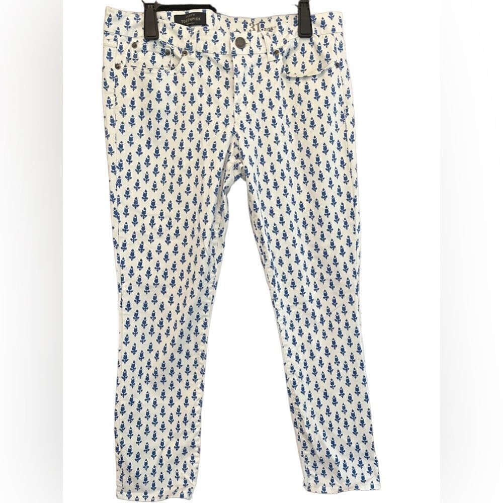 J Crew Toothpick white /blue Thistle print ankle pants size 31.